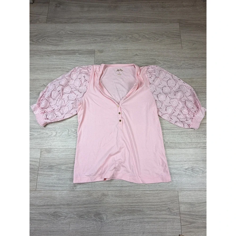 Lilly Pulitzer Etta‎ V-Neck Top Pink Eyelet Lace Puff Sleeve Knit Shirt Large